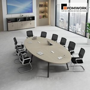Bàn họp văn phòng Oval dài - Mặt gỗ MDF, chân sắt hiện đại