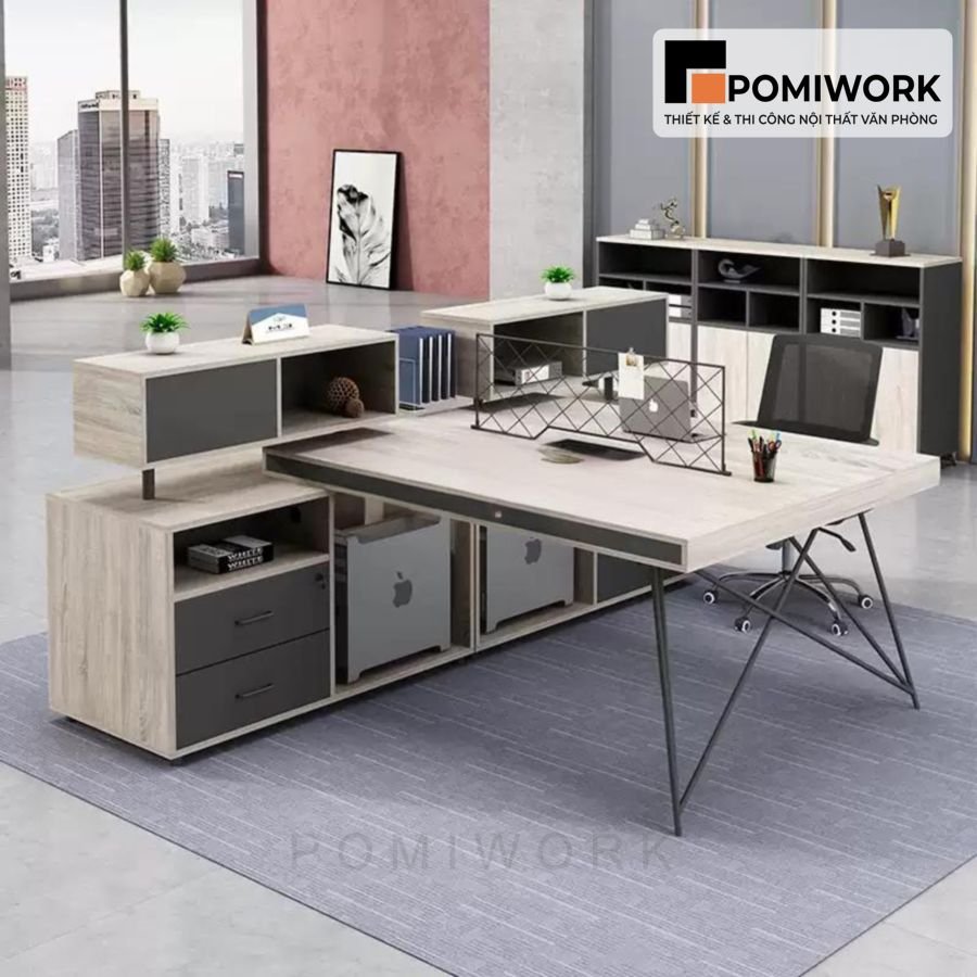 ban lam viec 2 nguoi ngoi thiet ke sang trong co ke va hoc tu tien ich