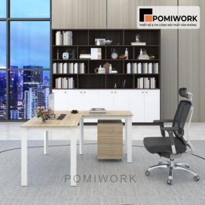 Bàn làm việc chân sắt mặt gỗ hiện đại kèm tủ phụ