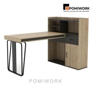Bàn làm việc chân sắt mặt gỗ hiện đại kết hợp kệ lưu trữ