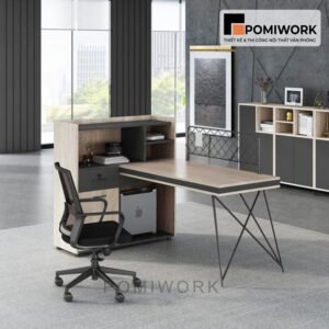 Bàn làm việc chân sắt mặt gỗ kết hợp tủ tiện dụng