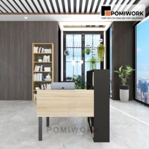 Bàn làm việc chữ L thông minh có kệ sách và tủ tài liệu tiện dụng