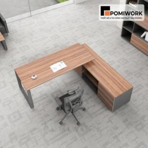 bàn làm việc lãnh đạo chữ L khung sắt mặt gỗ bền đẹp chuyên nghiệp