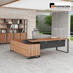 bàn làm việc lãnh đạo chữ L khung sắt mặt gỗ bền đẹp chuyên nghiệp