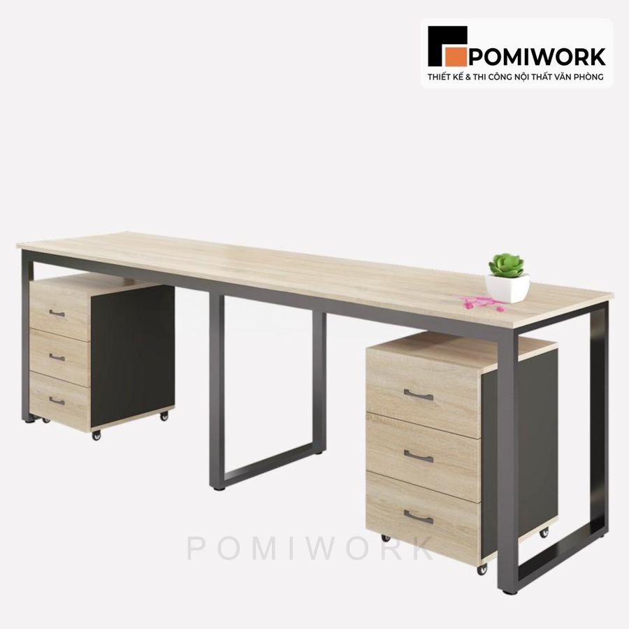 ban lam viec nhom 2 nguoi khung sat mat go ben dep