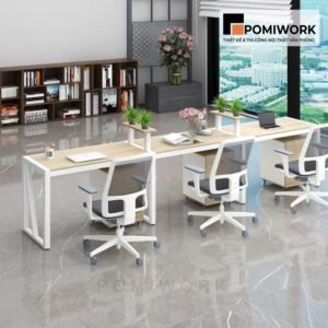 Bàn làm việc nhóm 3 người - Thiết kế hiện đại, tích hợp kệ trang trí cây xanh