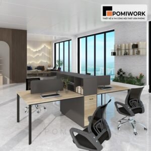 Bàn làm việc nhóm 4 người hiện đại - khung sắt sơn tĩnh điện, mặt gỗ sáng sang trọng