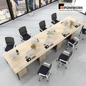 Bàn làm việc nhóm văn phòng 8 người hiện đại, chất liệu gỗ cao cấp