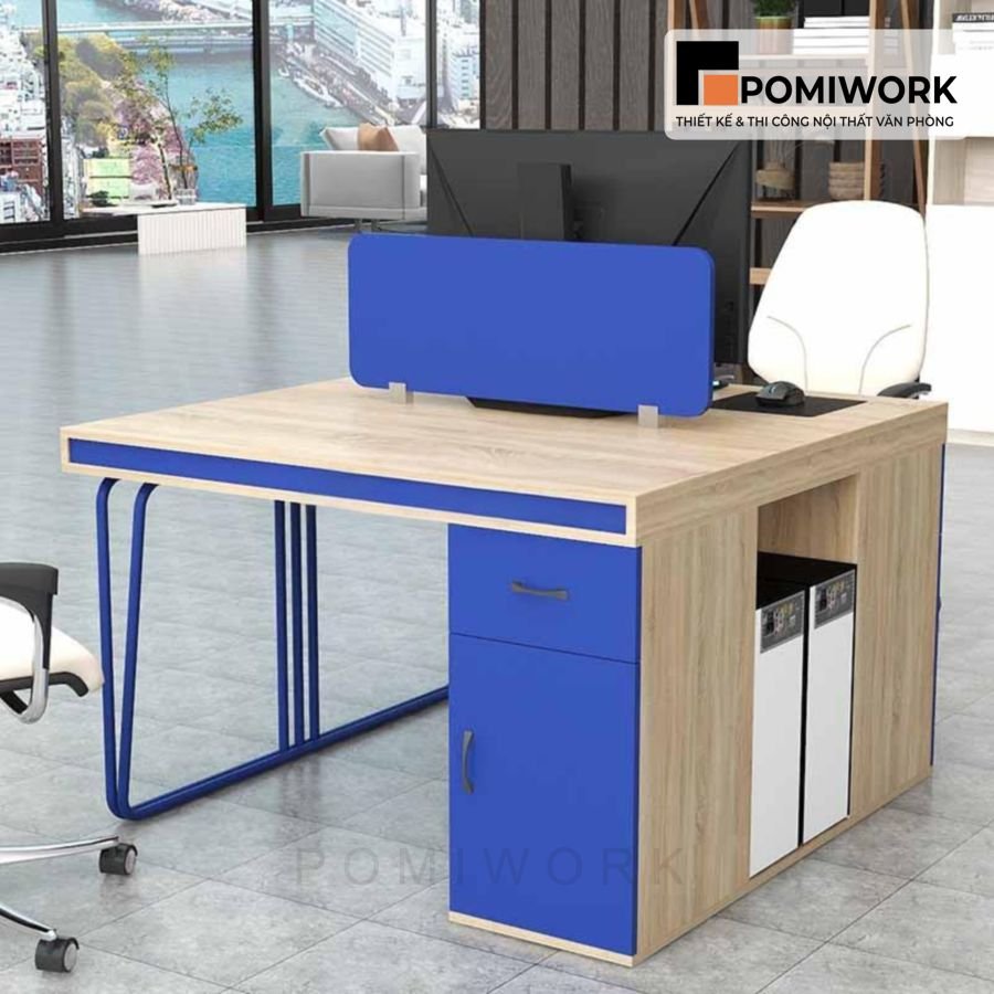 ban lam viec van phong 2 nguoi co vach ngan hoc tu va ke cpu tien loi