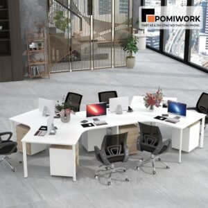 Bàn làm việc văn phòng 6 chỗ hiện đại, thiết kế chữ L tiết kiệm không gian