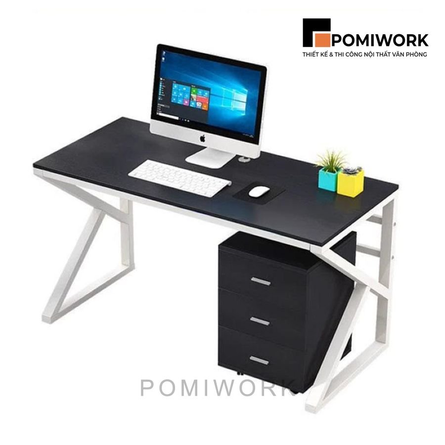 ban lam viec hien dai ngan keo 3 tang mat den chan kim loai