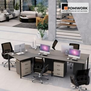 Bàn văn phòng 4 chỗ ngồi khung sắt, mặt gỗ, có tủ 3 ngăn tiện dụng