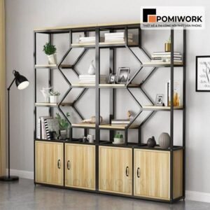 Kệ trang trí văn phòng khung sắt kèm tủ gỗ - Thiết kế hiện đại, tiện dụng