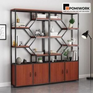 Kệ trang trí văn phòng khung sắt kèm tủ gỗ - Thiết kế hiện đại, tiện dụng
