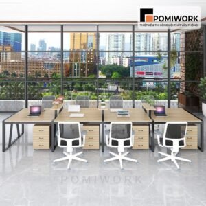 Mẫu bàn văn phòng dài 8 chỗ - Thiết kế gỗ khung sắt cao cấp