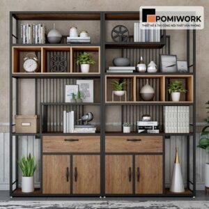 Mẫu kệ trang trí văn phòng gỗ sắt vintage - Sang trọng và bền bỉ