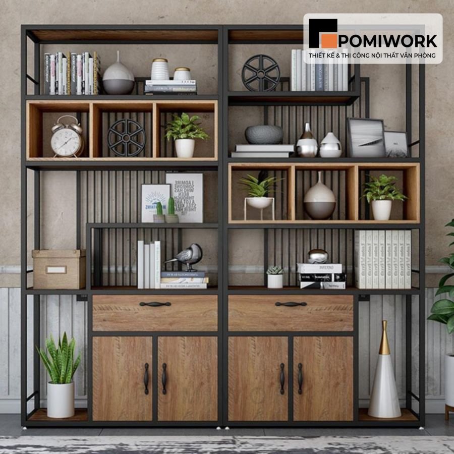 mau ke trang tri van phong go sat vintage