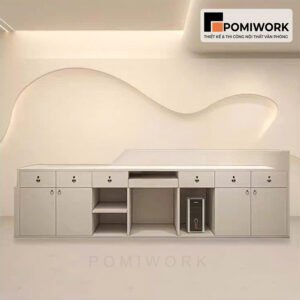 Quầy lễ tân bo cong hiện đại | Bàn tiếp tân sang trọng với đèn LED ẩn tinh tế