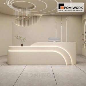 Quầy lễ tân bo cong hiện đại | Bàn tiếp tân sang trọng với đèn LED ẩn tinh tế