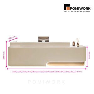 Quầy lễ tân bo góc mềm mại – Bàn tiếp tân kết hợp đèn LED hiện đại