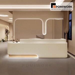 Quầy lễ tân bo góc mềm mại – Bàn tiếp tân kết hợp đèn LED hiện đại