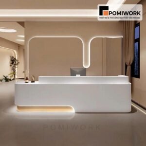 Quầy lễ tân bo góc mềm mại – Bàn tiếp tân kết hợp đèn LED hiện đại