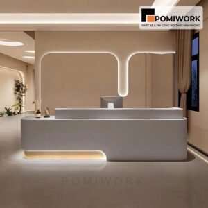 Quầy lễ tân bo góc mềm mại – Bàn tiếp tân kết hợp đèn LED hiện đại