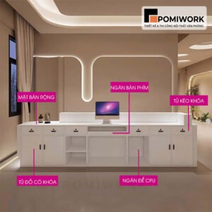 Quầy lễ tân bo góc mềm mại – Bàn tiếp tân kết hợp đèn LED hiện đại