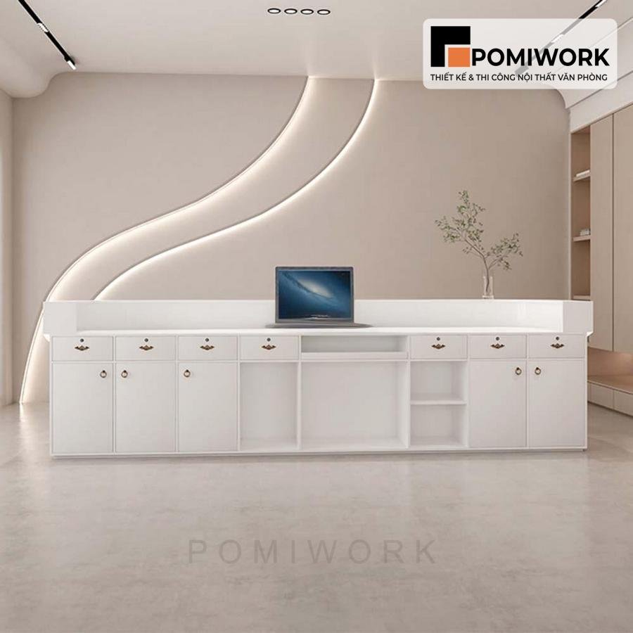 quay le tan bo tron sang trong Quầy lễ tân bo tròn sang trọng – Bàn tiếp tân phong cách hiện đại