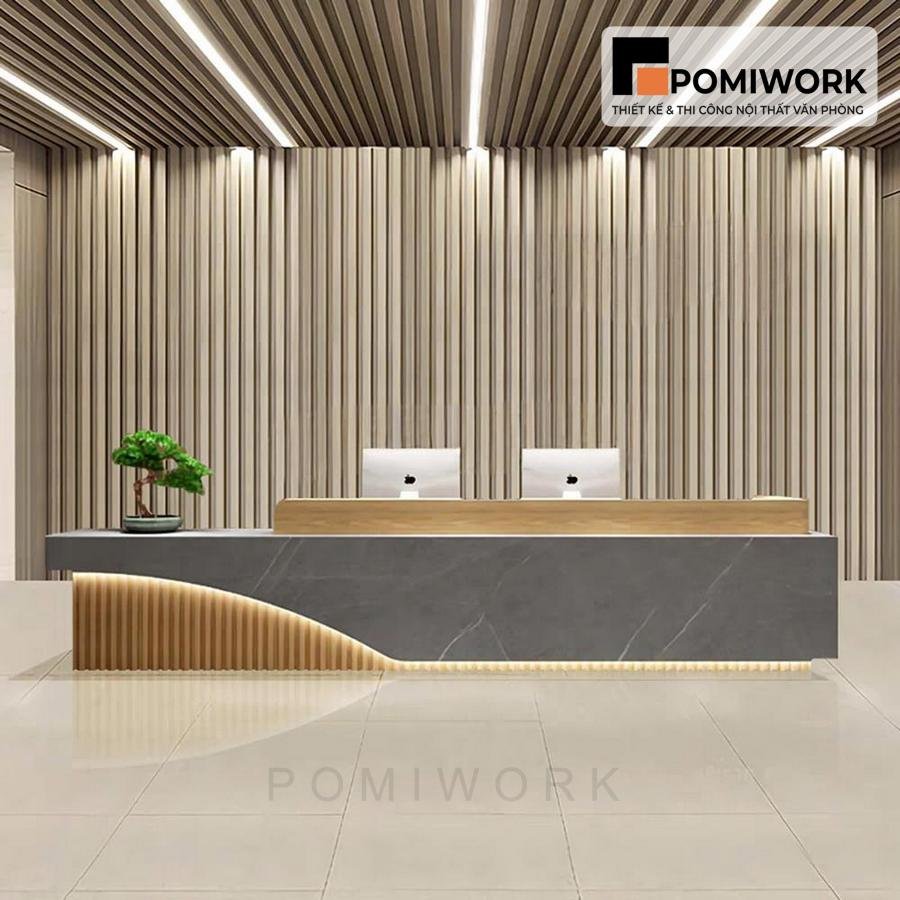 quay le tan cao cap Quầy lễ tân cao cấp – Bàn tiếp tân thiết kế tối giản, ánh sáng LED sang trọng và hiện đại