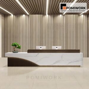 Quầy lễ tân cao cấp – Bàn tiếp tân thiết kế tối giản, ánh sáng LED sang trọng và hiện đại
