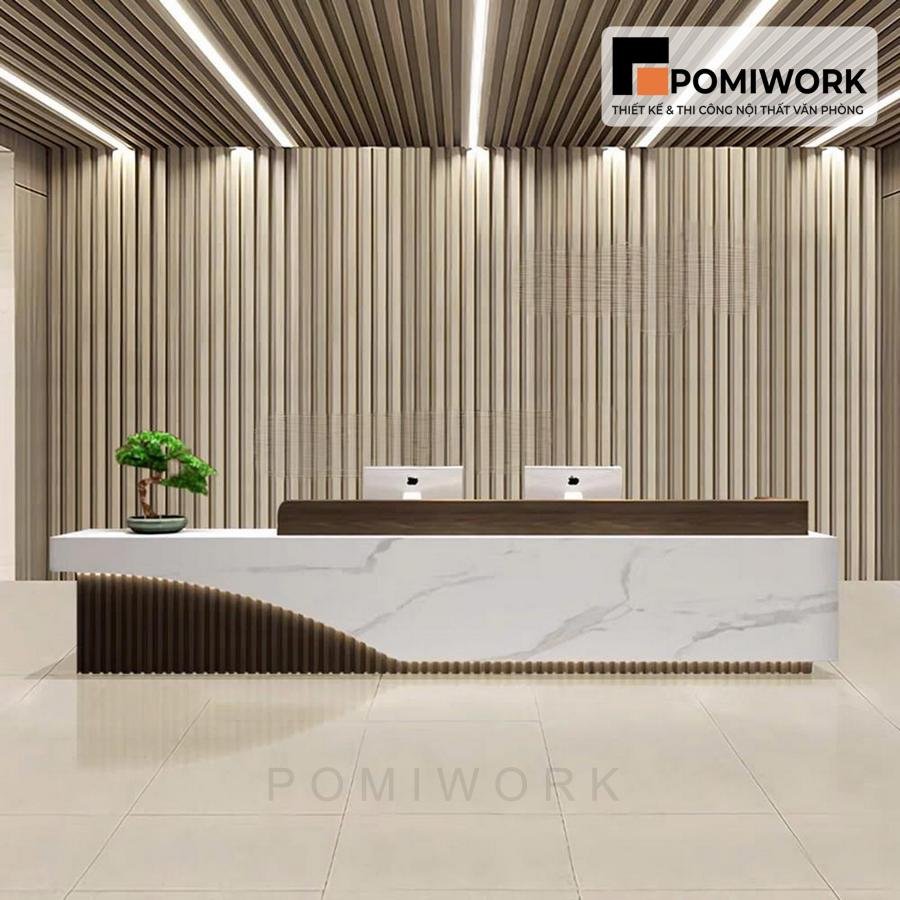 quay le tan cao cap Quầy lễ tân cao cấp – Bàn tiếp tân thiết kế tối giản, ánh sáng LED sang trọng và hiện đại