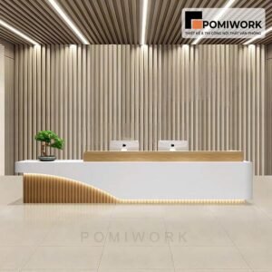 Quầy lễ tân cao cấp – Bàn tiếp tân thiết kế tối giản, ánh sáng LED sang trọng và hiện đại