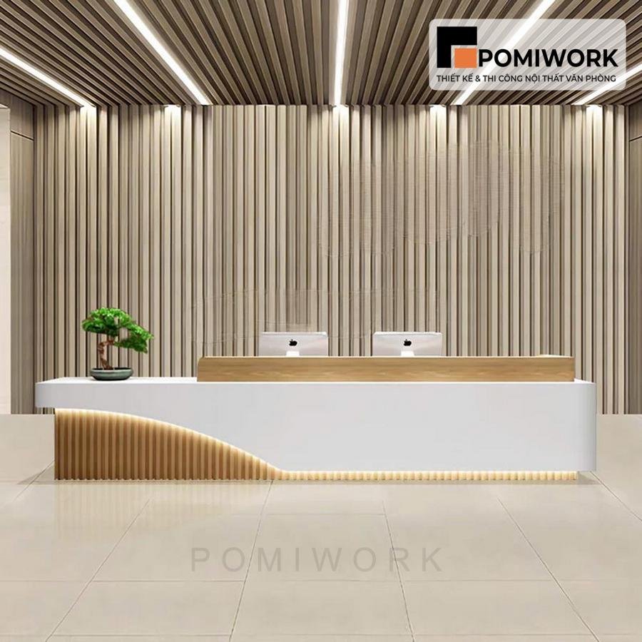 quay le tan cao cap Quầy lễ tân cao cấp – Bàn tiếp tân thiết kế tối giản, ánh sáng LED sang trọng và hiện đại