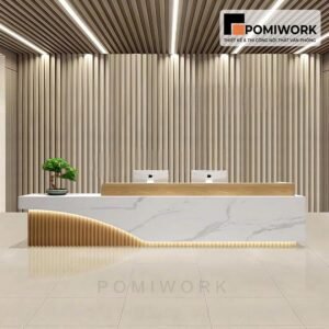 Quầy lễ tân cao cấp – Bàn tiếp tân thiết kế tối giản, ánh sáng LED sang trọng và hiện đại
