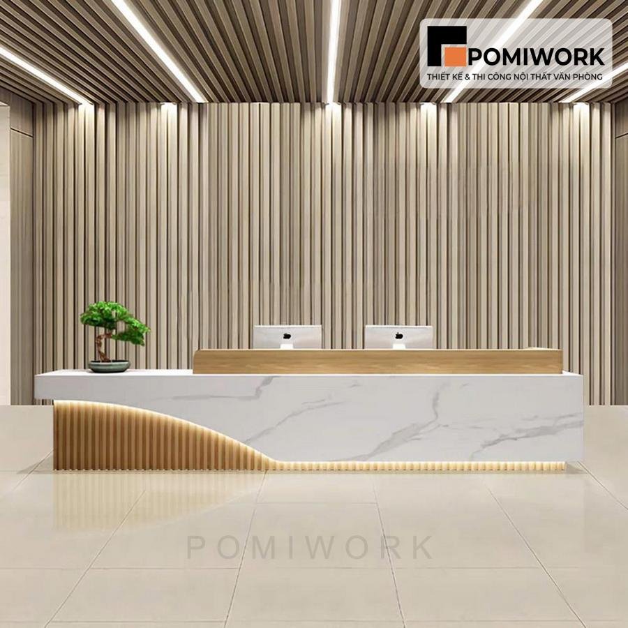 quay le tan cao cap Quầy lễ tân cao cấp – Bàn tiếp tân thiết kế tối giản, ánh sáng LED sang trọng và hiện đại