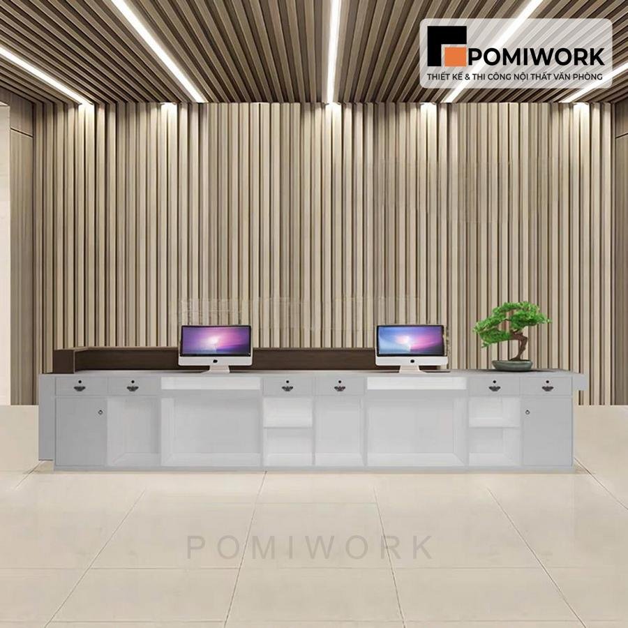 quay le tan cao cap Quầy lễ tân cao cấp – Bàn tiếp tân thiết kế tối giản, ánh sáng LED sang trọng và hiện đại