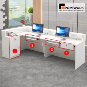 Quầy lễ tân chữ L gỗ kết hợp đá – Bàn tiếp tân hiện đại sang trọng