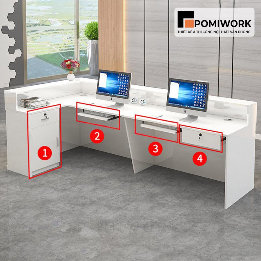 quay le tan chu l go ket hop da Quầy lễ tân chữ L gỗ kết hợp đá – Bàn tiếp tân hiện đại sang trọng