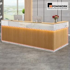 Quầy lễ tân chữ L gỗ kết hợp đá – Bàn tiếp tân hiện đại sang trọng