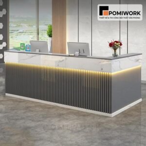 Quầy lễ tân chữ L gỗ kết hợp đá – Bàn tiếp tân hiện đại sang trọng