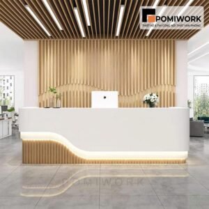 Quầy lễ tân đẹp phong cách tự nhiên – Bàn tiếp tân cao cấp kết hợp ánh sáng LED