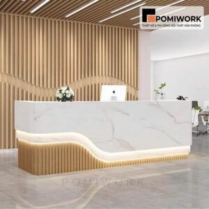 Quầy lễ tân đẹp phong cách tự nhiên – Bàn tiếp tân cao cấp kết hợp ánh sáng LED