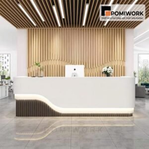 Quầy lễ tân đẹp phong cách tự nhiên – Bàn tiếp tân cao cấp kết hợp ánh sáng LED
