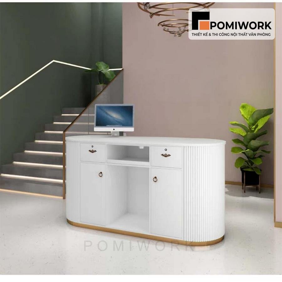 quay le tan dep sang trong Quầy lễ tân đẹp sang trọng – Bàn tiếp tân thiết kế uốn cong tinh tế, đẳng cấp