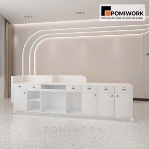 Quầy lễ tân đẹp tone sáng – Bàn tiếp tân thiết kế mềm mại, sang trọng, tinh tế