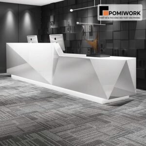 Quầy lễ tân độc đáo – Mẫu bàn tiếp tân hình khối sáng tạo, điểm nhấn LED sang trọng cho không gian văn phòng
