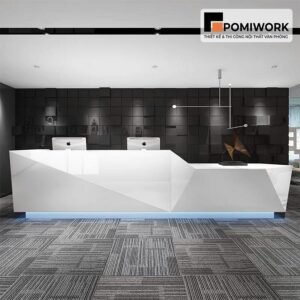 Quầy lễ tân độc đáo – Mẫu bàn tiếp tân hình khối sáng tạo, điểm nhấn LED sang trọng cho không gian văn phòng