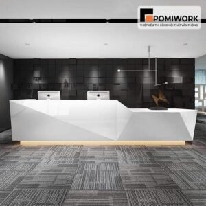 Quầy lễ tân độc đáo – Mẫu bàn tiếp tân hình khối sáng tạo, điểm nhấn LED sang trọng cho không gian văn phòng