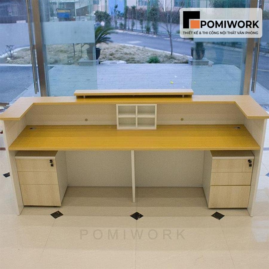 quay le tan go mdf Quầy lễ tân gỗ MDF – Bàn tiếp tân văn phòng thiết kế tinh tế, hiện đại